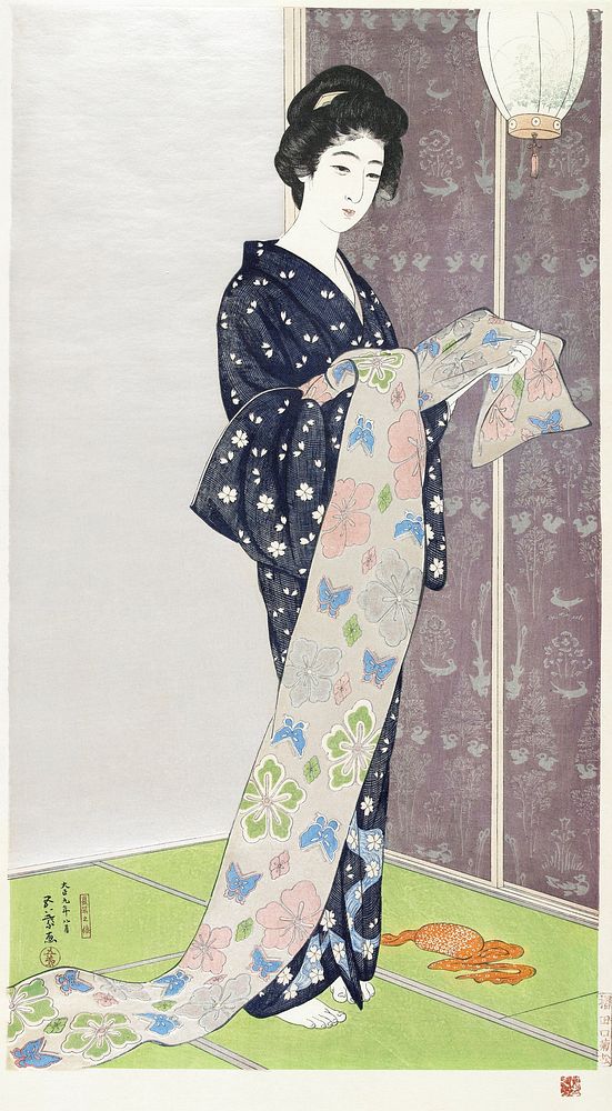 Young woman in a summer kimono Natsu yosoi no musume (1920) print in high resolution by Goyō Hashiguchi. Original from the…