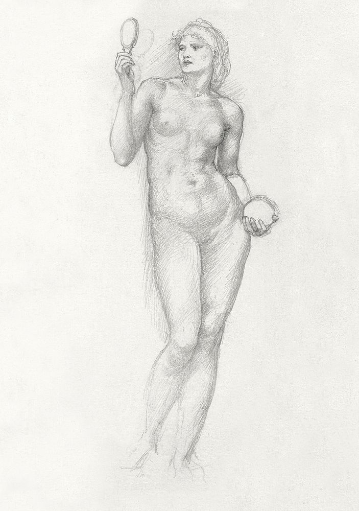 Nude Female Figure with Mirror in Right Hand (c. 1873–77) drawing in high resolution by Sir Edward Burne–Jones. Original…