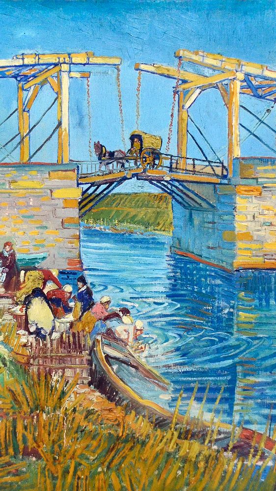Van Gogh iPhone wallpaper, HD background, The Langlois Bridge at Arles with Women Washing