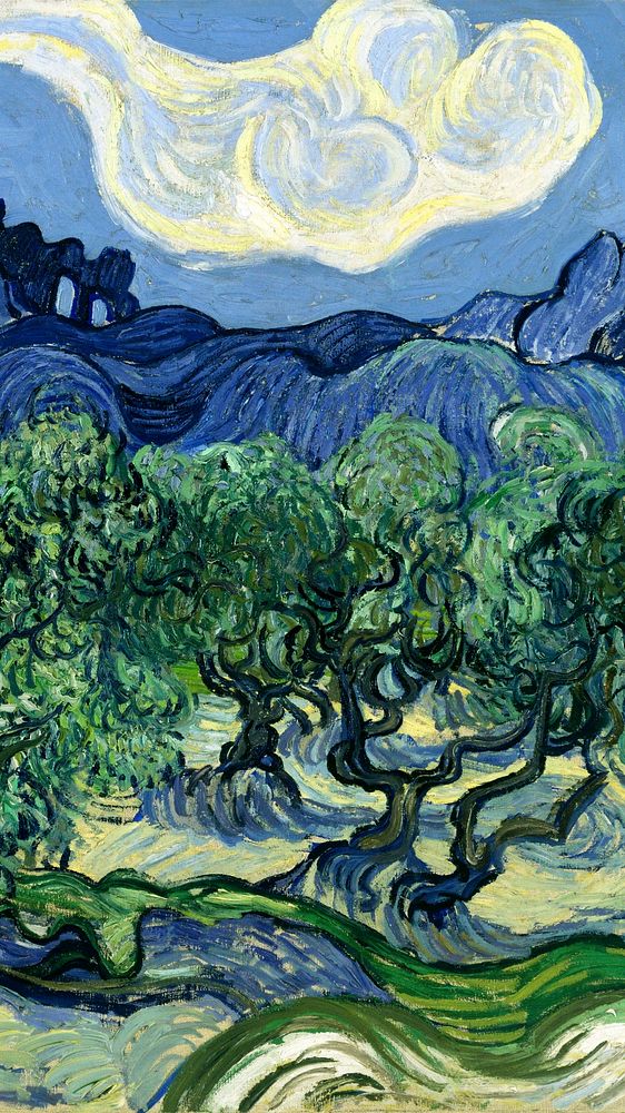 Van Gogh iPhone wallpaper, HD background, Olive Trees with the Alpilles in the Background