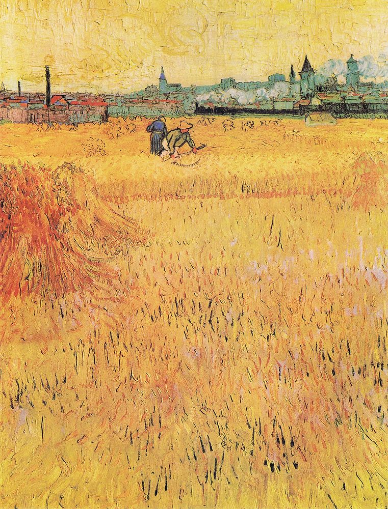 Vincent van Gogh's Wheat field with View of Arles (1888) famous  landscape painting. Original from Wikimedia Commons.…