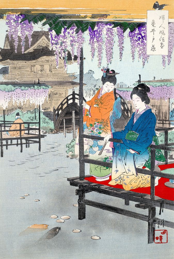 Two Maidens on Veranda Overlooking Fish Pond during late 19th&ndash;early 20th century print in high resolution by Ogata…