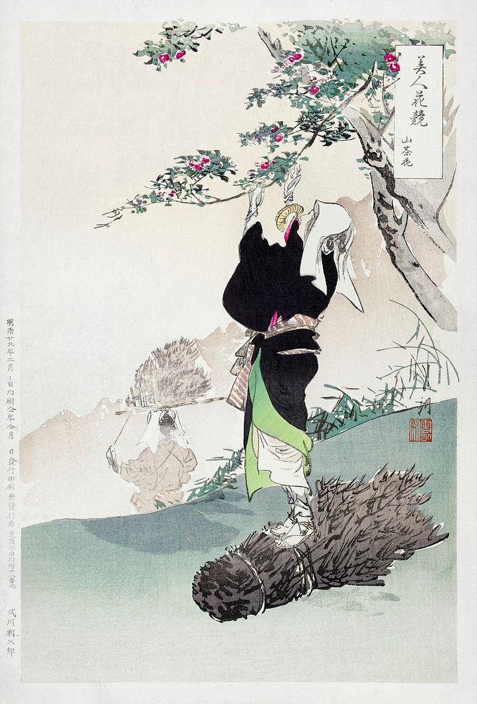 Woman Picking Mountain Cherry (1896) print in high resolution by Ogata Gekko.