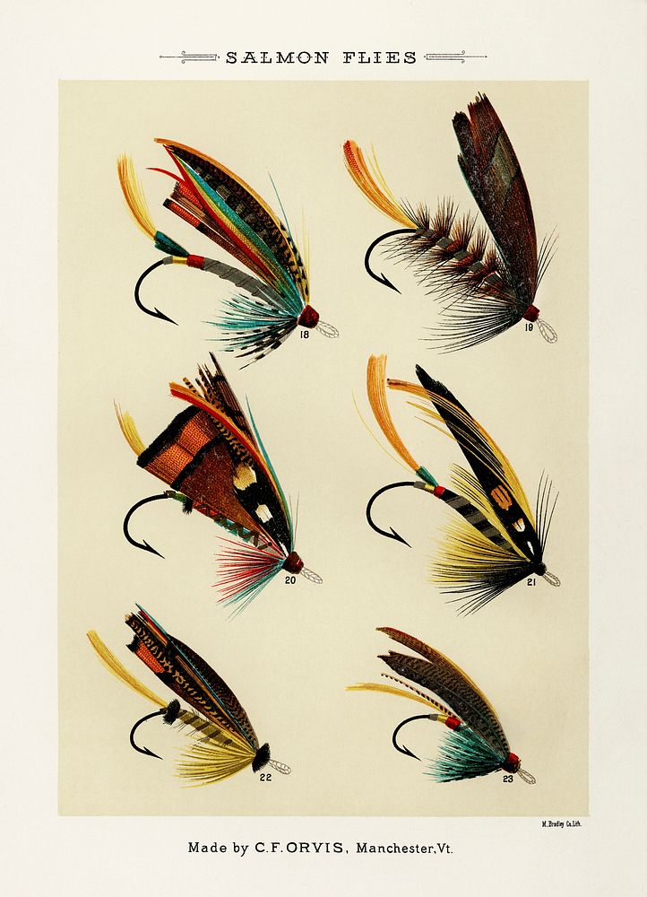 Salmon Flies.  Digitally enhanced from our own original 1892 edition of Favorite Flies and Their Histories by Mary Orvis…