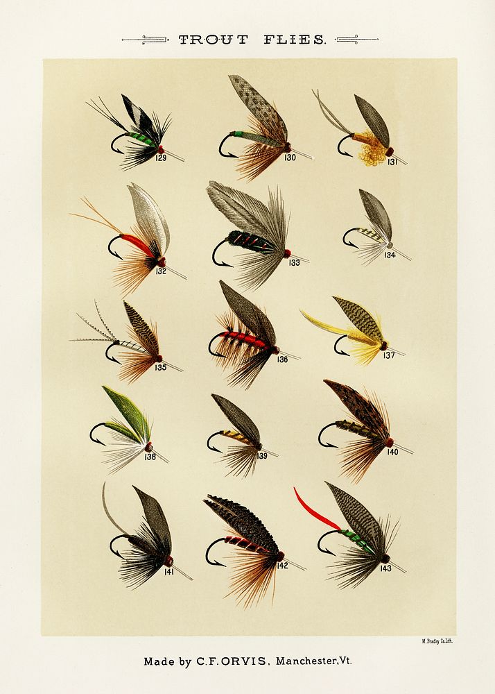 Trout Flies.  Digitally enhanced from our own original 1892 edition of Favorite Flies and Their Histories by Mary Orvis…