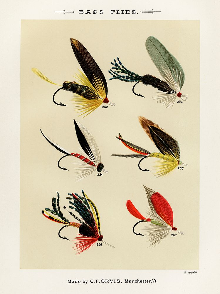 Bass Flies.  Digitally enhanced from our own original 1892 edition of Favorite Flies and Their Histories by Mary Orvis…