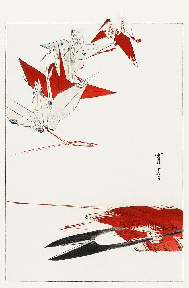 Bird Origami, illustration from Bijutsu Sekai (1893-1896) by Watanabe Seitei, a prominent Kacho-ga artist. Digitally…