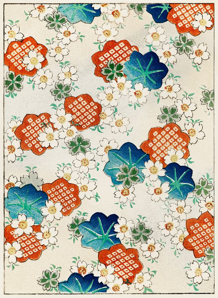 Floral pattern.  Digitally enhanced from our own original edition of Bijutsu Sekai (1893-1896) by Watanabe Seitei, a…