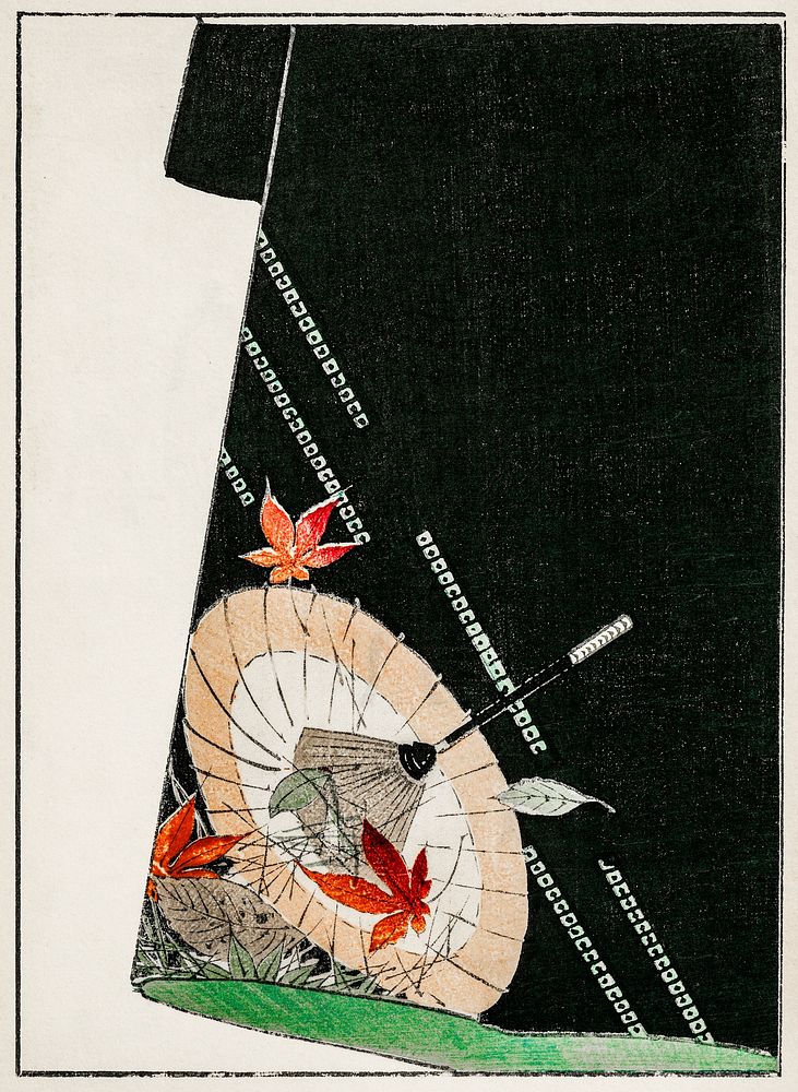 Parasol print on a Japanese robe illustration. Digitally enhanced from our own original edition of Shin Bijutsukai
