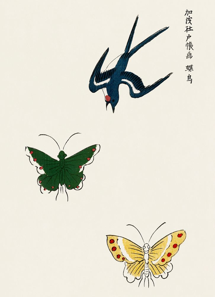 Japanese vintage original woodblock print of swallow and butterflies from Yatsuo no tsubaki (1860-1869) by Taguchi Tomoki.…