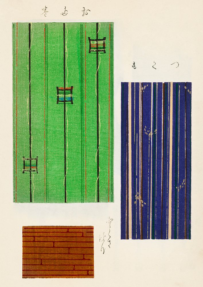 Vintage woodblock print of Japanese textile.  Digitally enhanced from our own original edition of Shima-Shima (1904) by…