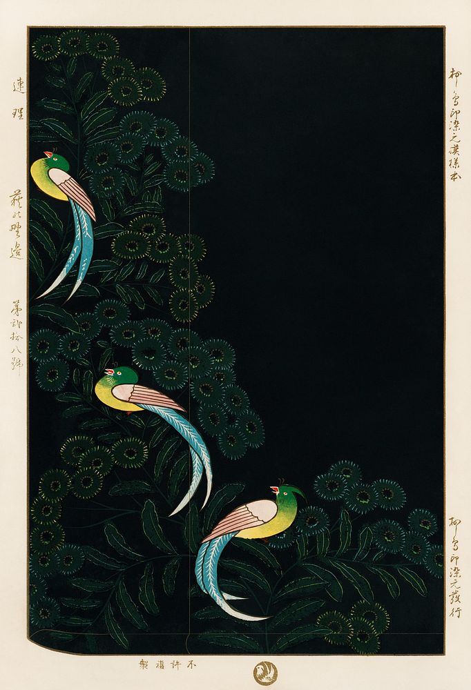 Traditional illustration lithograph of kimono design, three colorful birds in a black background. Digitally enhanced from…