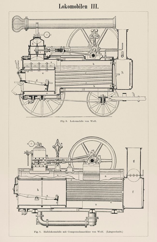 Lokomobilen 1 (1894) by an unknown artist, a beautifully detailed design of a train engine and its compartments. Digitally…