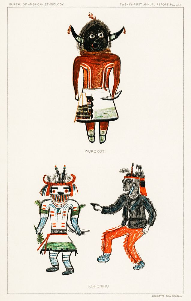 Hopi Katcinas - Piokot Turkwinu Turkwinu Mana (1895) drawn by the native people from the book of Jesse Walter Fewkes…