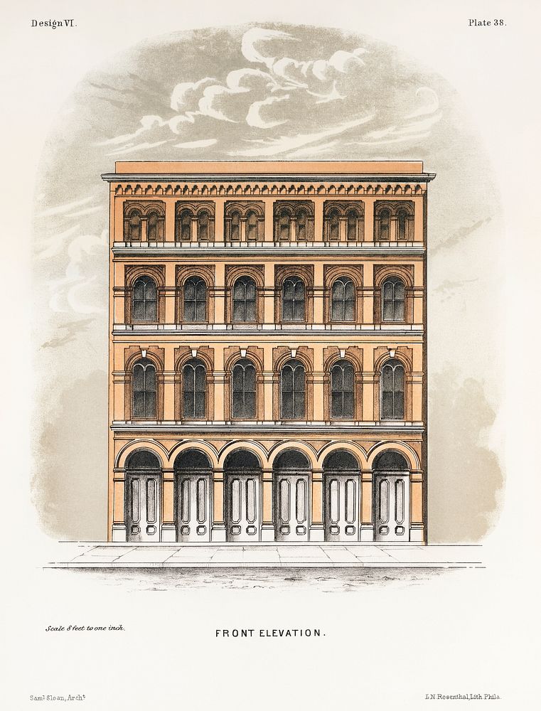 Front elevation from the book City & Suburban Architecture, Lippincott by Samuel Sloan (1815–1884). A frontal view of a…