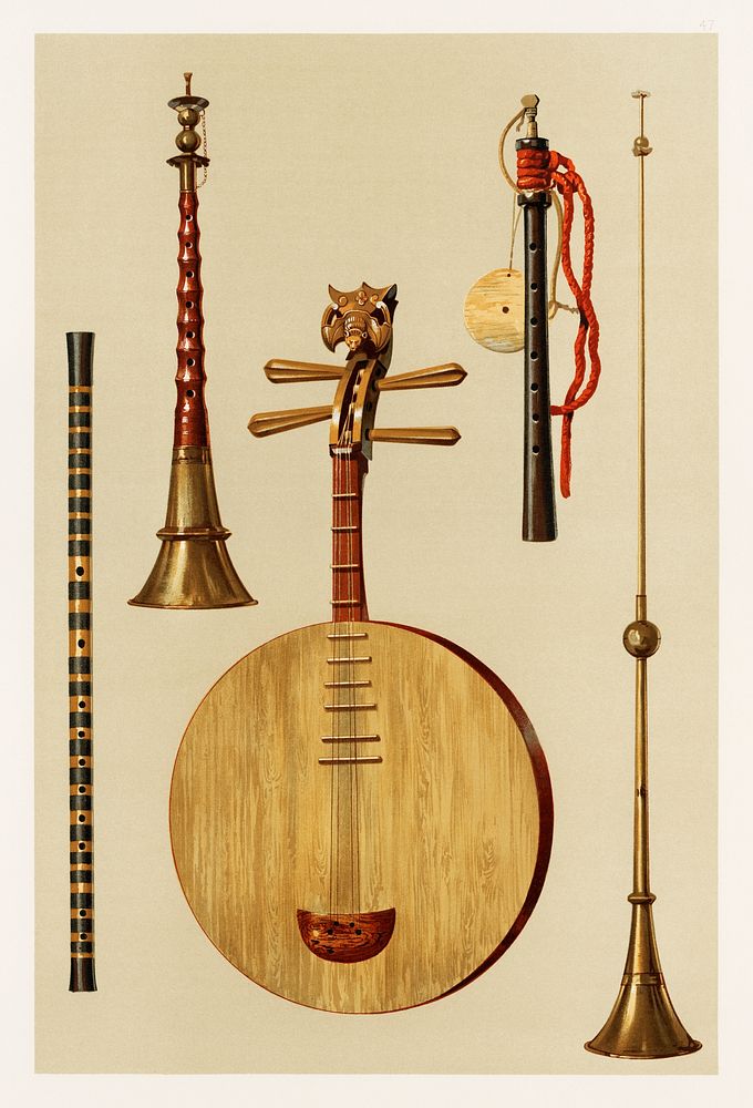 Saimisen, Kokiu and Biwa (1888) by William Gibb (1839-1929), a chromolithograph of a traditional musical instruments.…