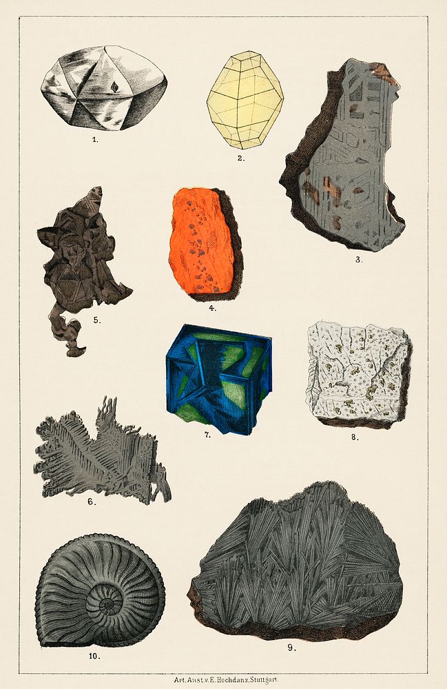 Natural History concept print (1880) by Emil Hochdanz (1816-1855), a collection of colorful gemstones. Digitally enhanced…