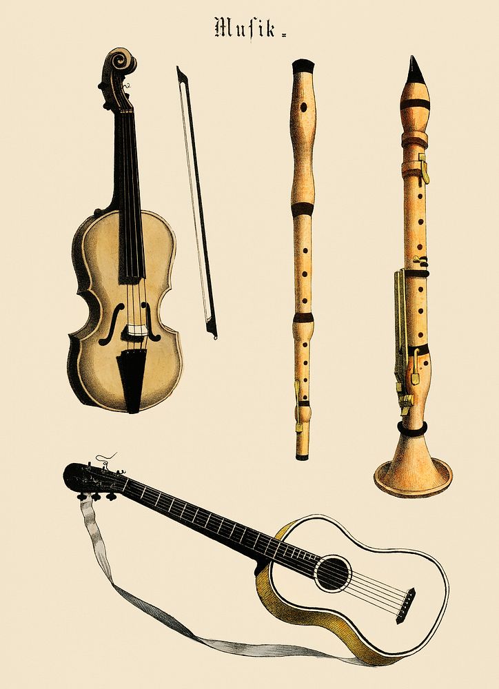 Musik (1850) published in Copenhagen, a vintage illustration of a violin, classical guitar and flute variants. Digitally…