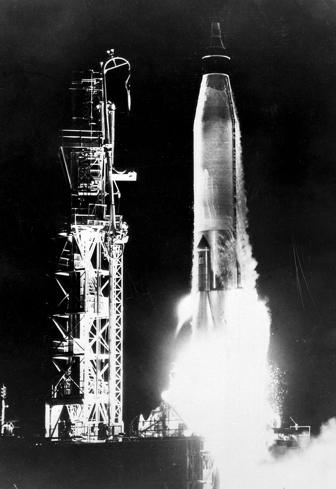 An Atlas launch vehicle carrying the Big Joe capsule leaves its launching pad on a 2,000-mile ballistic flight to the…