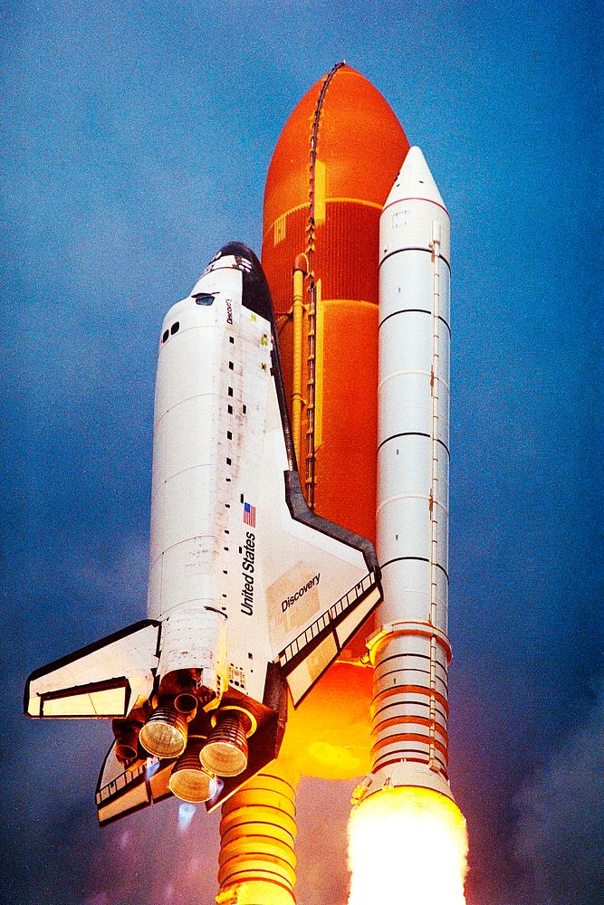 The Space Shuttle Discovery soars from Launch Pad 39A Aug. 7 on the 11-day STS-85 mission. Original from NASA. Digitally…
