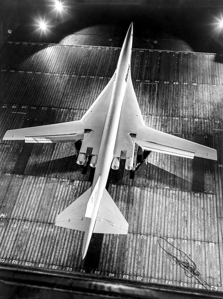Boeing SST Model Mounted in Ames 40x80 Foot Wind Tunnel, overhead view. May 31st,1965. Original from NASA. Digitally…