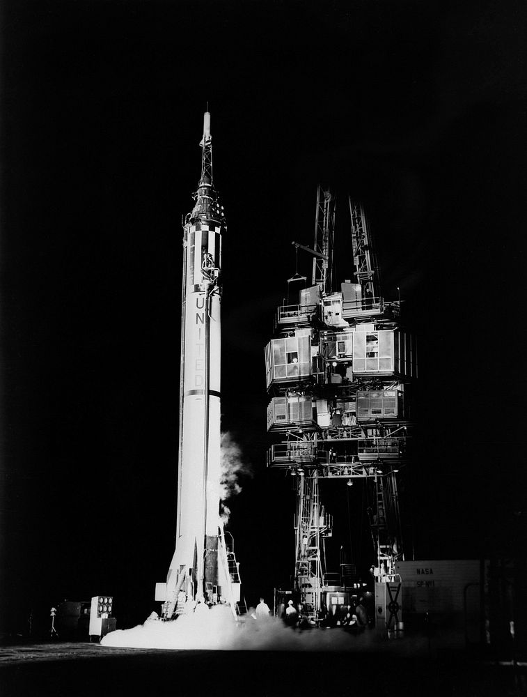 Mercury-Redstone 3 missile standing alone on launch pad. Original from NASA. Digitally enhanced by rawpixel.