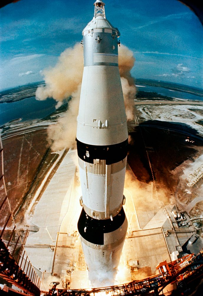 The huge, 363-feet tall Apollo 11 space vehicle is launched from Pad A, Launch Complex 39, Kennedy Space Center, July 16…