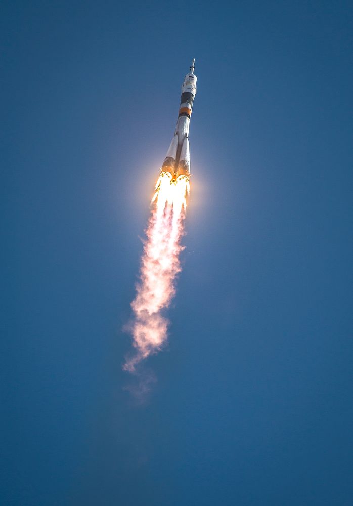 The Soyuz TMA-04M rocket launches from the Baikonur Cosmodrome in Kazakhstan. Original from NASA. Digitally enhanced by…
