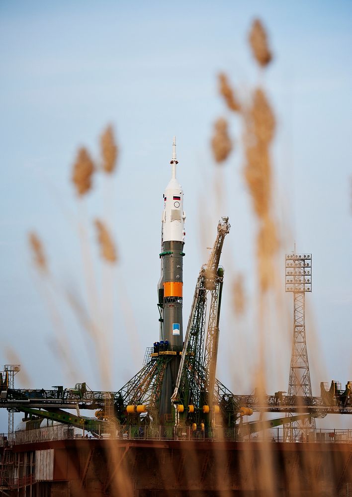 The Soyuz TMA-20 spacecraft is seen shortly after arrival to the launch pad Monday, Dec. 13, 2010 at the Baikonur Cosmodrome…