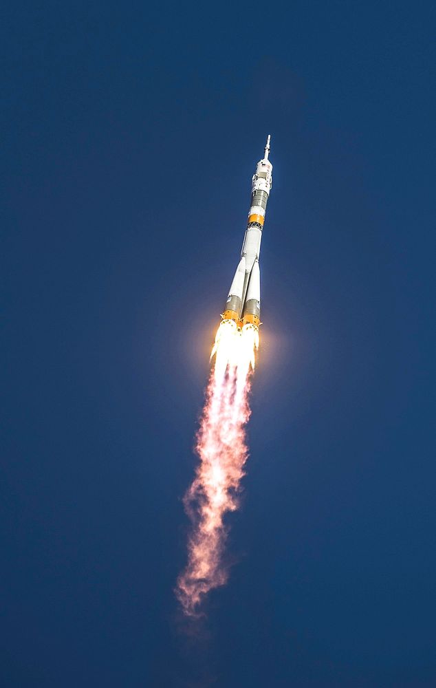 The Soyuz TMA-16 launches from the Baikonur Cosmodrome in Kazakhstan on Sept. 30, 2009. Original from NASA. Digitally…