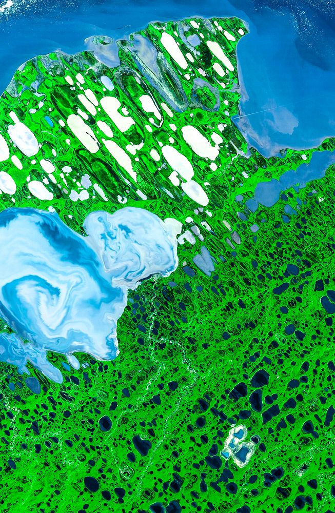 Teshekpuk Lake on Alaska's North Slope, within the National Petroleum Reserve. Original from NASA. Digitally enhanced by…