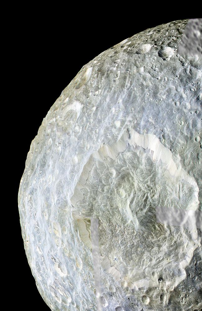 Subtle color differences on Saturn's moon Mimas are apparent in this false-color view of Herschel Crater. Original from…