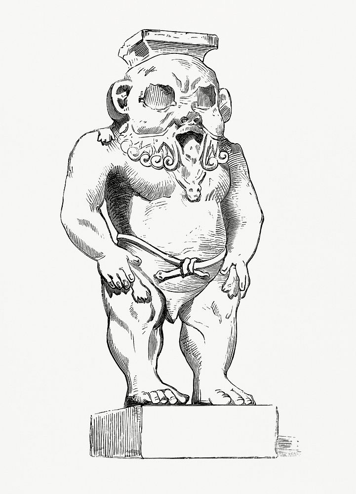 Vintage illustration of The God Bes, Stone Figure from the Egyptian Louvre Museum