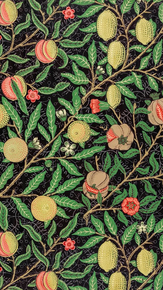 Vintage fruit mobile wallpaper, William Morris pattern. Remixed from public domain artwork.