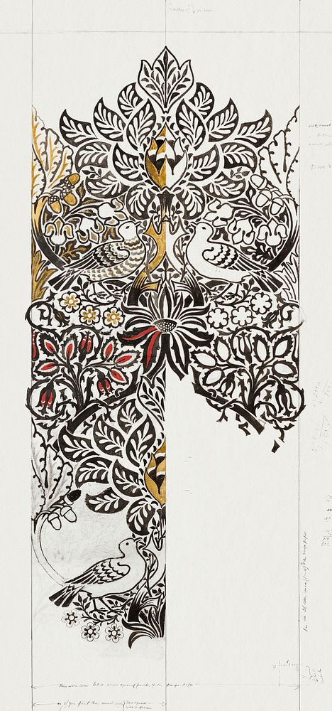 Watercolour, woven fabric design: Dove and Rose (1879) by William Morris. Original from The Birmingham Museum. Digitally…