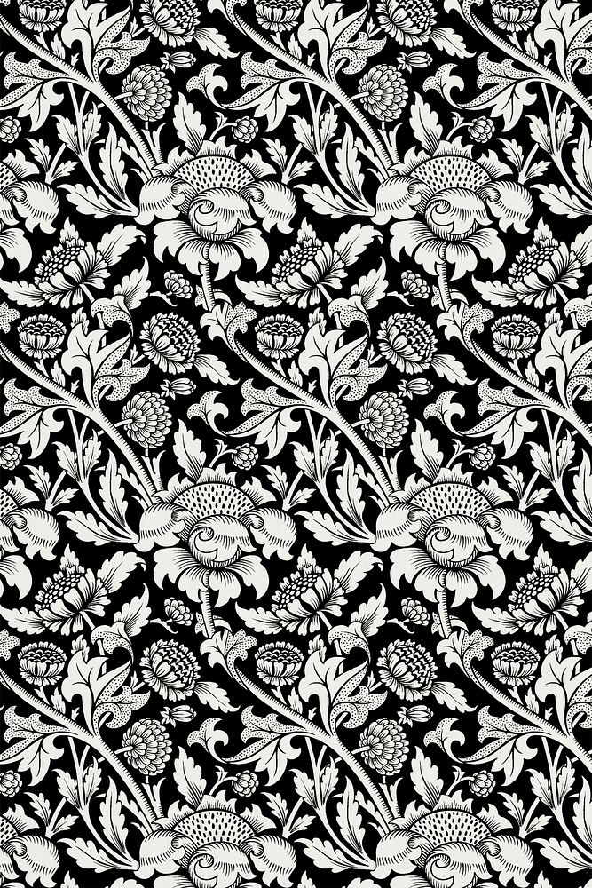 William Morris's vintage black and white flower pattern illustration, wallpaper design wall art print and poster, remix from…