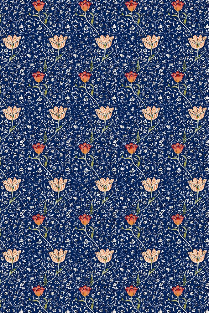 William Morris's vintage pink and red tulip flower pattern on a blue background illustration psd, remix from the original…