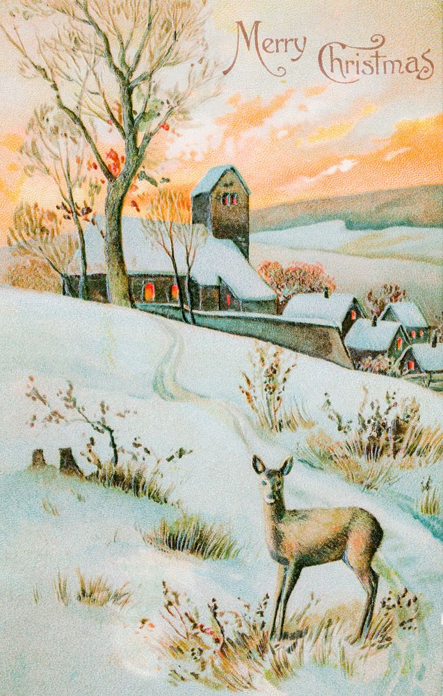 Christmas Card Depicting Winter Landscape and Deer (1910) by E. A. Schwerdtfeger & Co. Original from The New York Public…