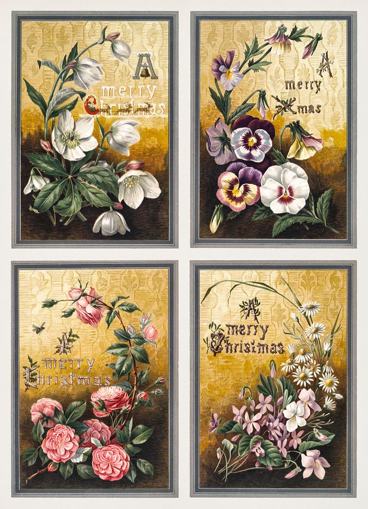 Christmas Cards Depicting Flowers and Reindeer with Sled (1865&ndash;1899) by L. Prang & Co. Original from The New York…