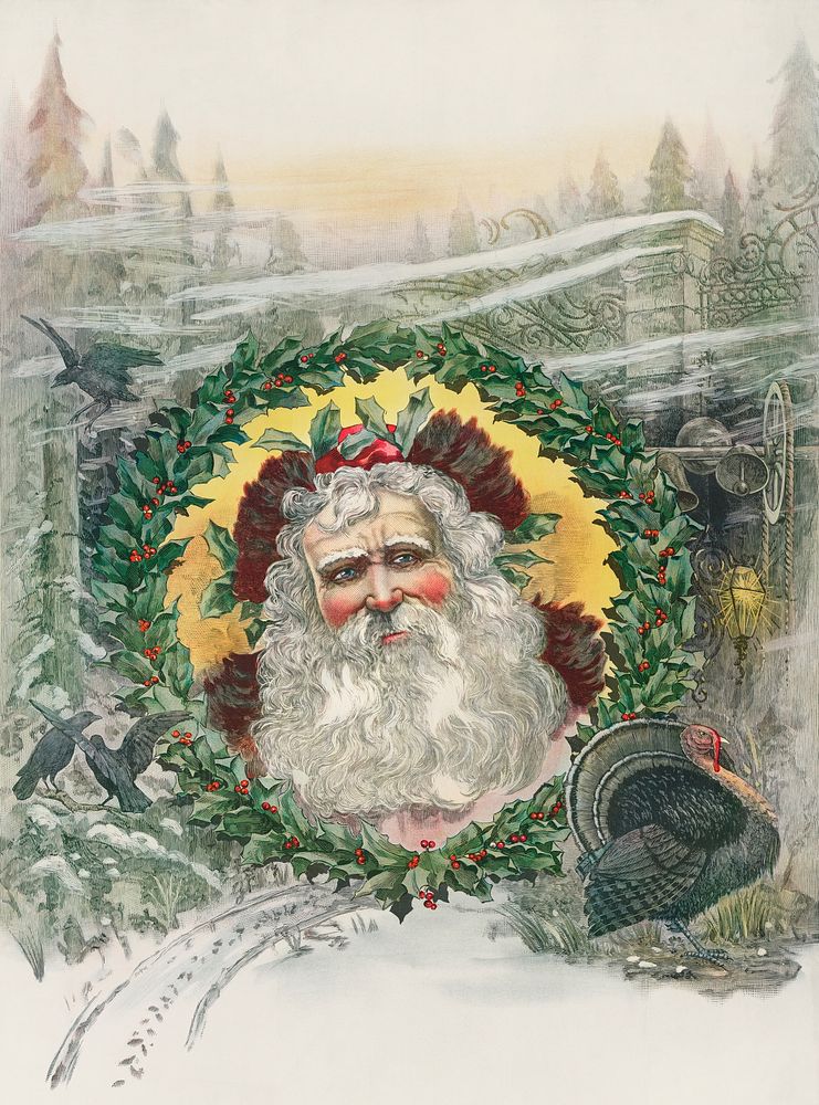 Santa Claus's Face in the Middle of a Christmas Wreath Surrounded by Trees and Turkey by St. Louis. Great Western printing…