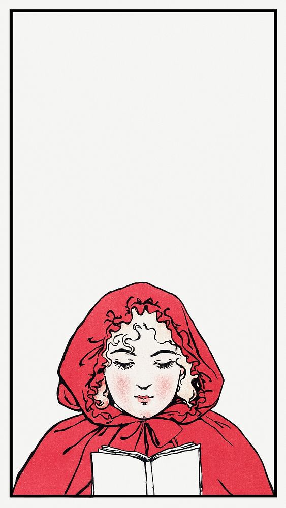 Illustration of a girl wearing a red hoodie and reading a book