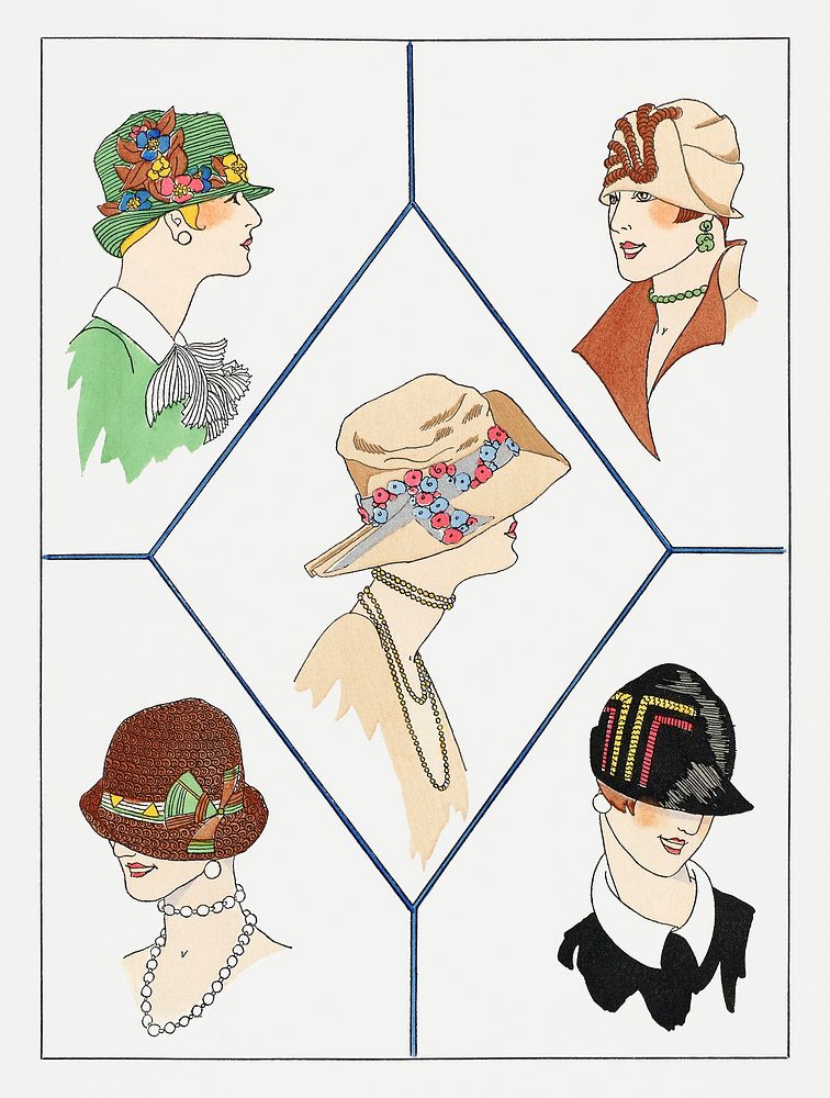 Five different women's hats (1926) fashion illustration in high resolution by Jeanne Duc. Original from the Rijksmuseum.…