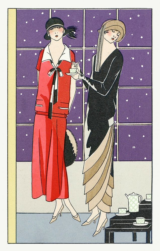 Two women in creations in an interior with a tea table (1924) fashion illustration in high resolution by Jean Patou and…