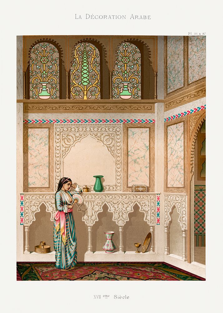 Vintage arabesque living room lithograph plate no. 86 & 87, Emile Prisses d&rsquo;Avennes, La Decoration Arabe. Digitally…
