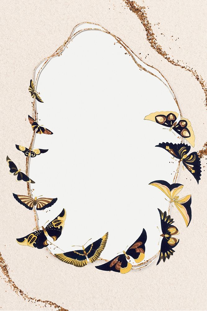 Butterfly frame background, Japanese art, gold glitter design psd