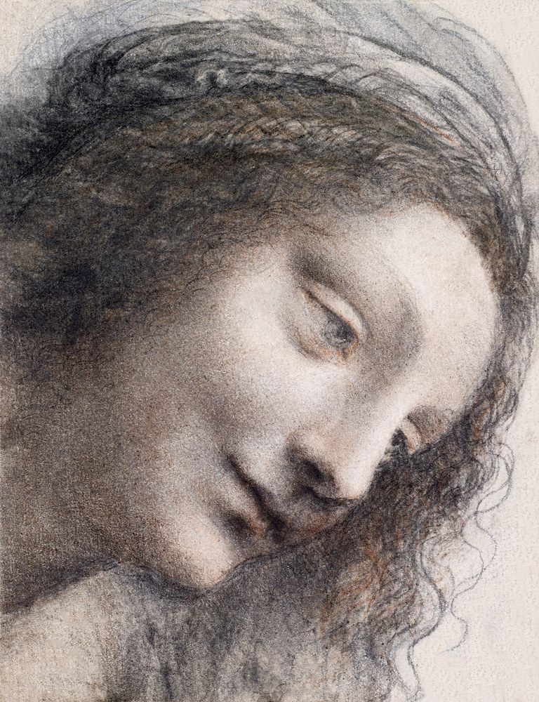 The Head of the Virgin in Three-Quarter View Facing Right (ca. 1510&ndash;1513) drawing in high resolution by Leonardo da…