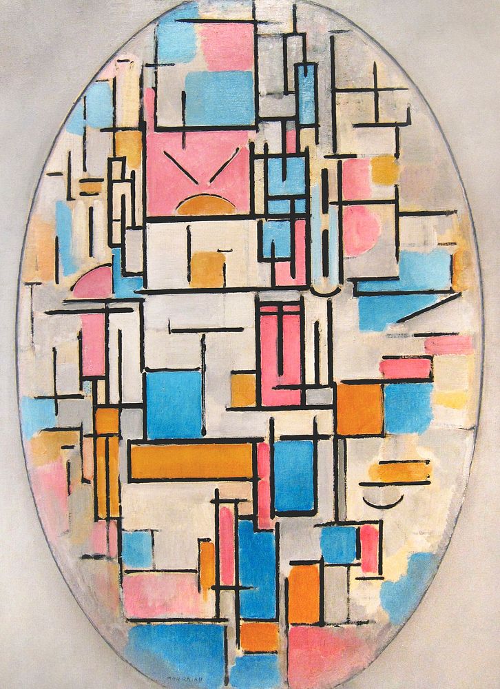 Piet Mondrian's Composition in Oval with Color Planes 1 (1914) famous painting.