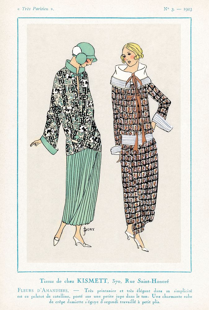 Tissus de Chez Kismett (1923) fashion plate in high resolution published in Tr&egrave;s Parisien. Original from The…