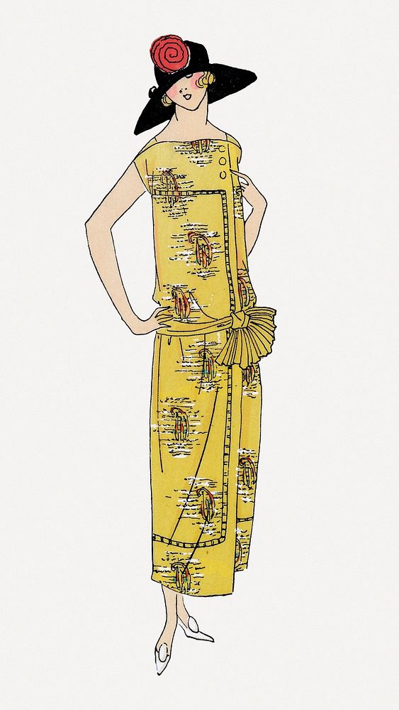 Woman psd in yellow flapper dress, remixed from vintage illustration published in Très Parisien