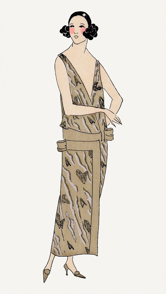 Woman in beige flapper dress, remixed from vintage illustration published in Tr&egrave;s Parisien